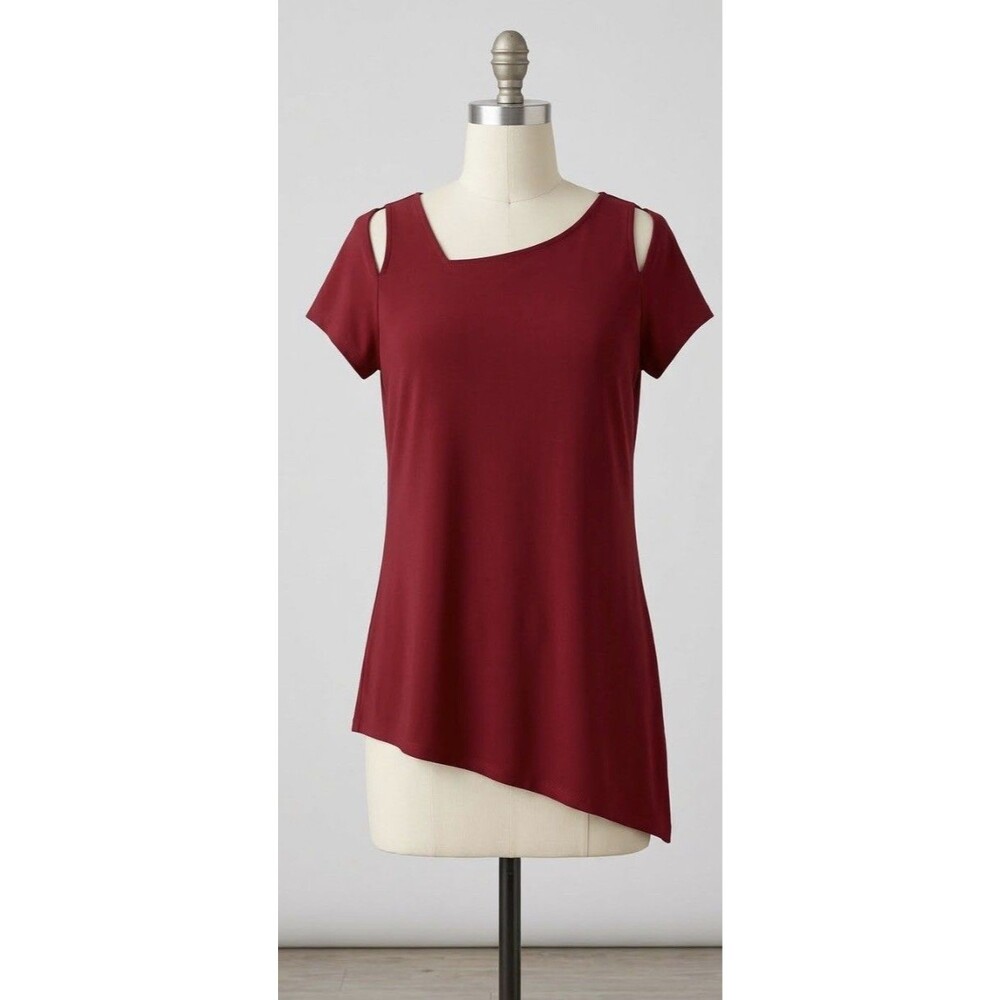 Chico's Travelers Blouse Women's 0 S Red Maroon Slinky Asymmetrical Cutout Top